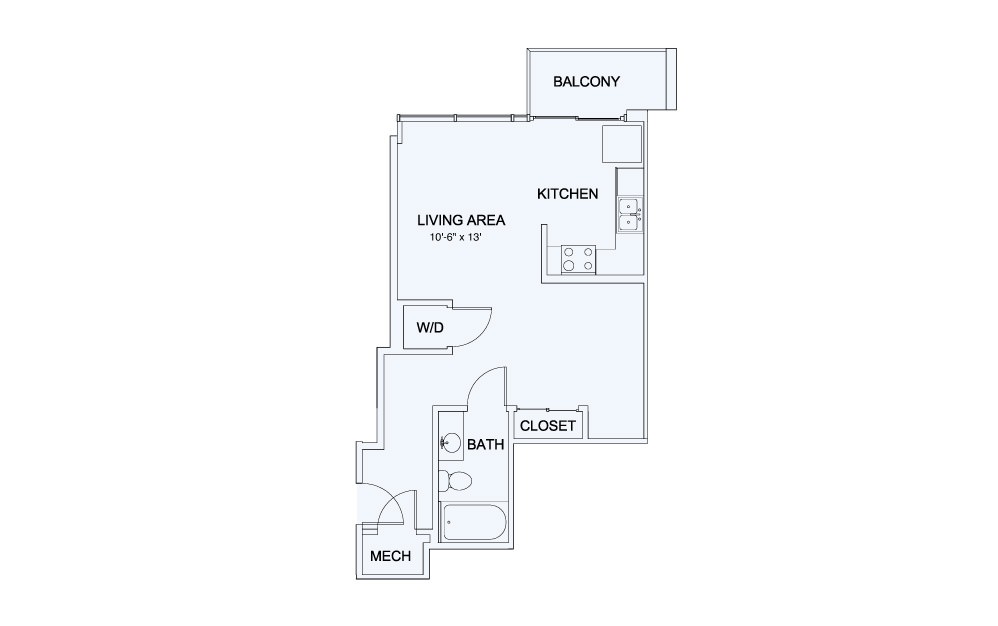 SkyHouse® 1 - Studio floorplan layout with 1 bath and 555 square feet.