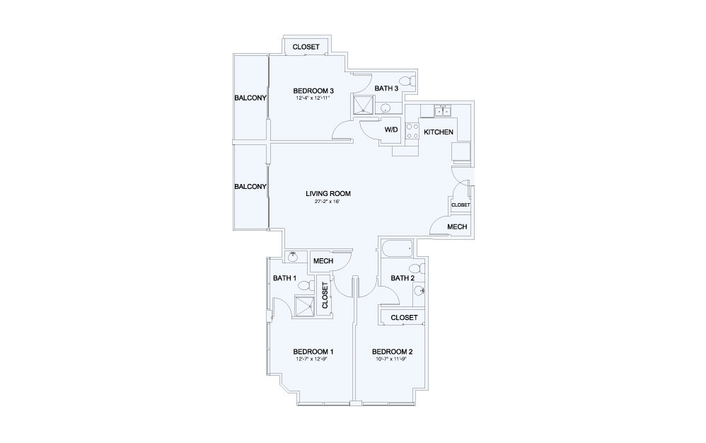SkyHouse® 26 - 3 bedroom floorplan layout with 3 baths and 1449 square feet.