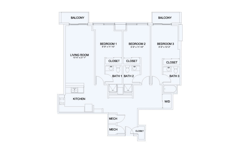 SkyHouse® 27 - 3 bedroom floorplan layout with 3 baths and 1483 square feet.