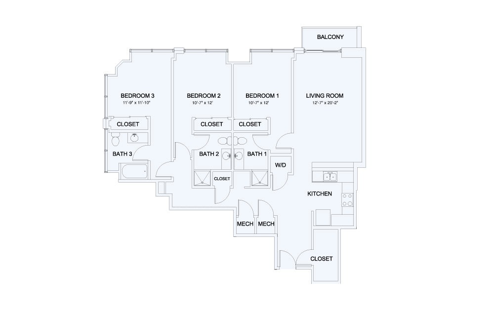 SkyHouse® 28 - 3 bedroom floorplan layout with 3 baths and 1527 square feet.