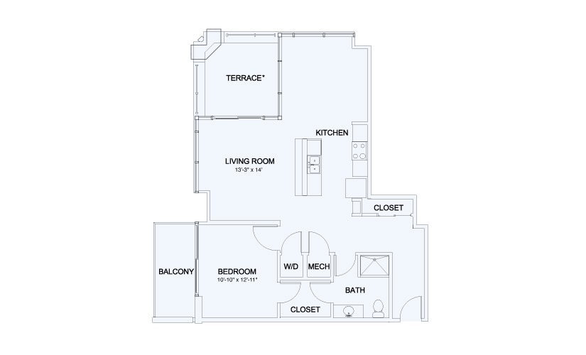 SkyHouse® 17 - 1 bedroom floorplan layout with 1 bathroom and 947 square feet