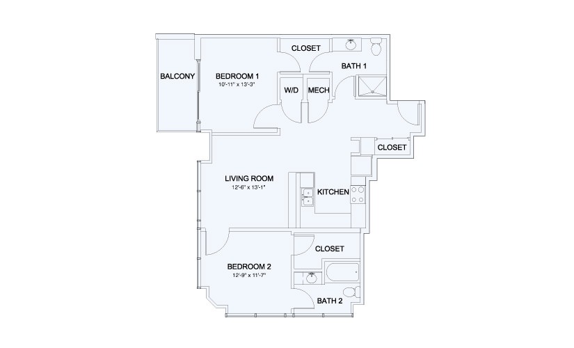 SkyHouse® 18 - 2 bedroom floorplan layout with 2 bathrooms and 1029 square feet