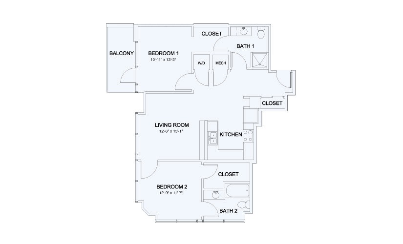 SkyHouse® 19 - 2 bedroom floorplan layout with 2 bathrooms and 1029 square feet
