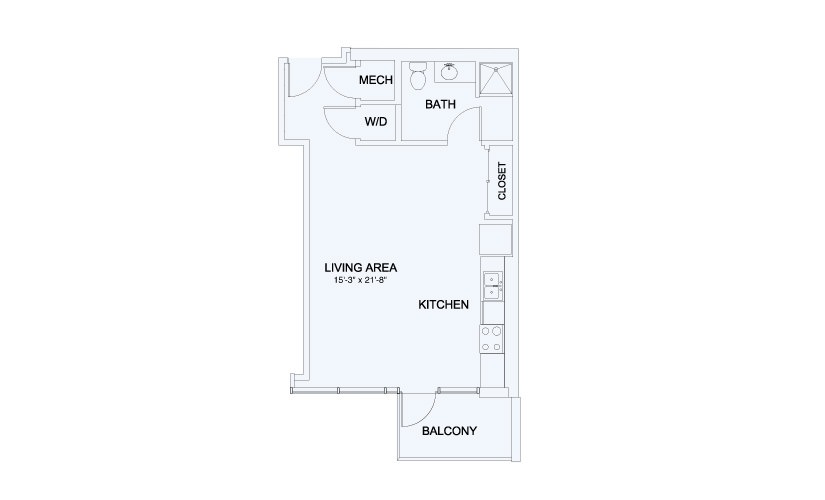 SkyHouse® 2 - Studio floorplan layout with 1 bathroom and 586 square feet