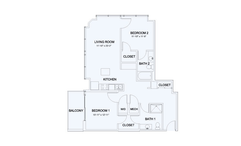 SkyHouse® 20 - 2 bedroom floorplan layout with 2 bathrooms and 1078 square feet
