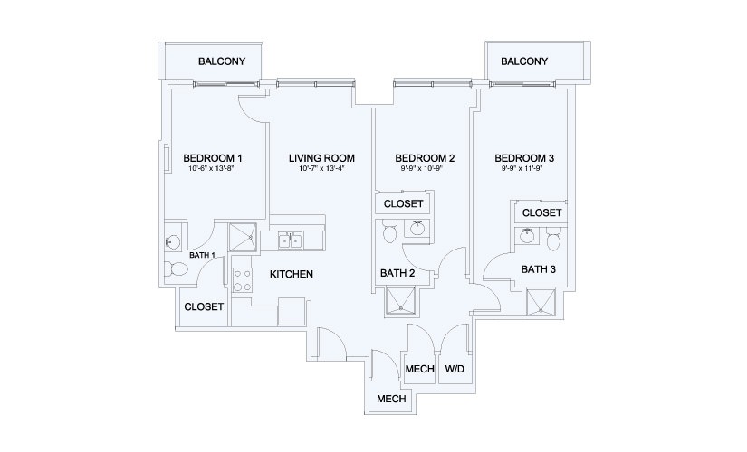 SkyHouse® 21 - 3 bedroom floorplan layout with 3 bathrooms and 1189 square feet