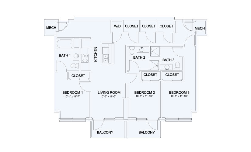 SkyHouse® 22 - 3 bedroom floorplan layout with 3 bathrooms and 1348 square feet