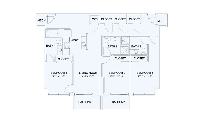 SkyHouse® 23 - 3 bedroom floorplan layout with 3 bathrooms and 1348 square feet