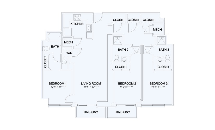 SkyHouse® 24 - 3 bedroom floorplan layout with 3 bathrooms and 1382 square feet