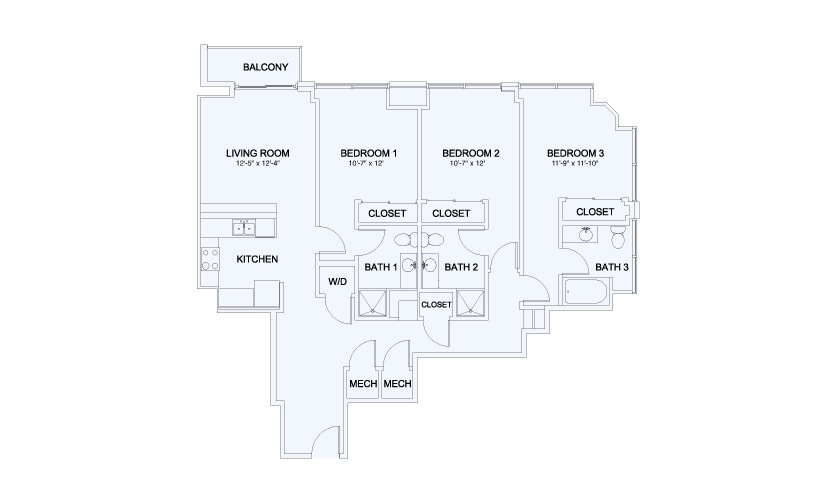 SkyHouse® 25 - 3 bedroom floorplan layout with 3 bathrooms and 1421 square feet