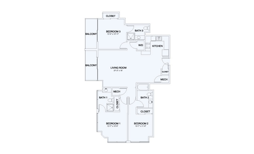 SkyHouse® 26 - 3 bedroom floorplan layout with 3 bathrooms and 1449 square feet