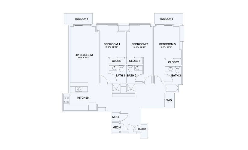SkyHouse® 27 - 3 bedroom floorplan layout with 3 bathrooms and 1483 square feet