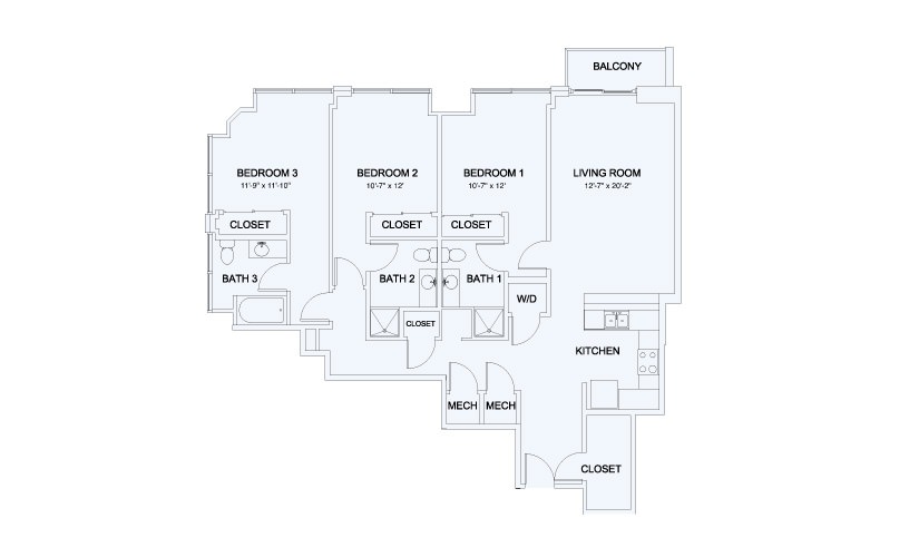 SkyHouse® 28 - 3 bedroom floorplan layout with 3 bathrooms and 1527 square feet
