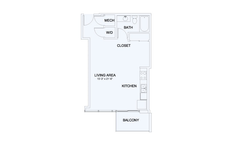 SkyHouse® 3 - Studio floorplan layout with 1 bathroom and 586 square feet